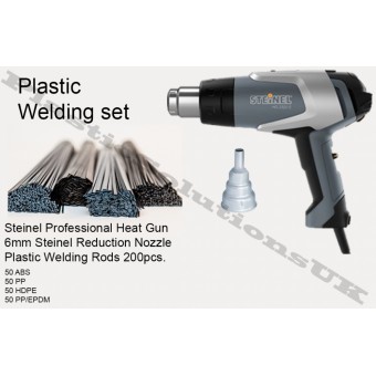 Plastic welding kit: STEINEL Hot air gun, plastic welding rods, reduction nozzle, mesh
